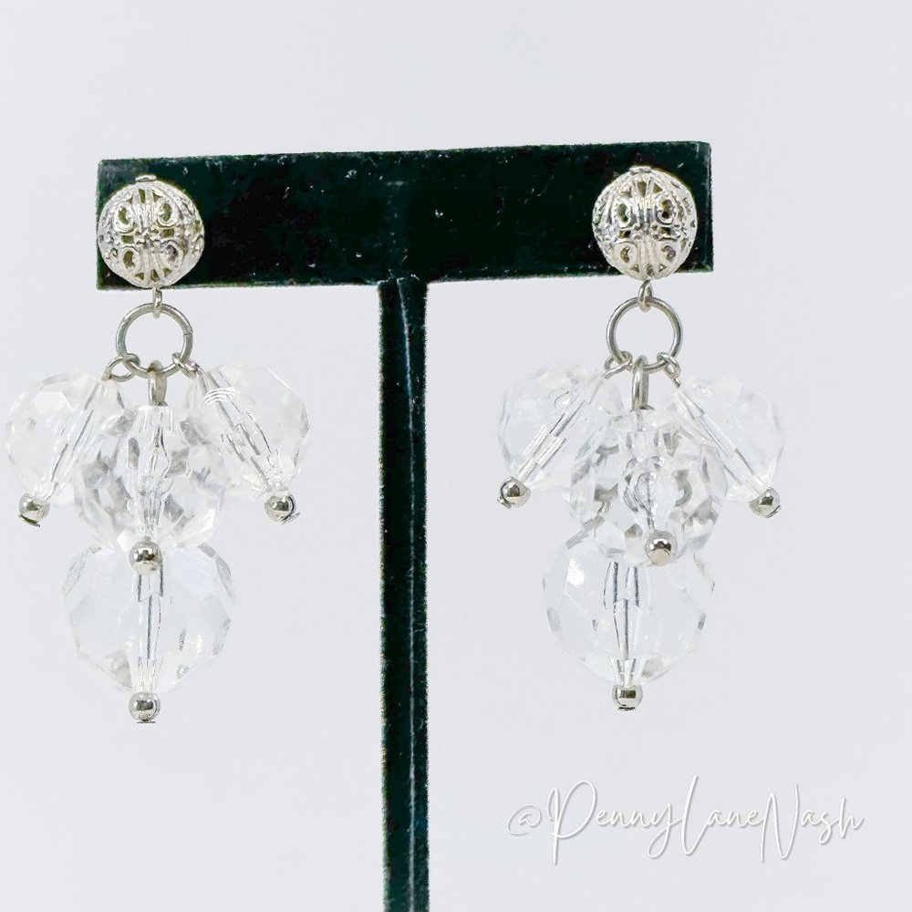 Vintage Clear Beads Drop Push Back Earrings - Picture 1 of 5